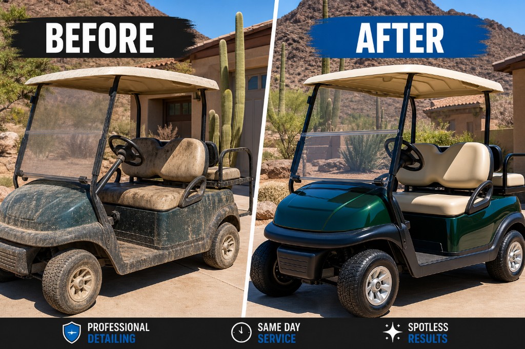 Before and after golf cart detailing in Mesa, Arizona — muddy cart restored to a spotless shine