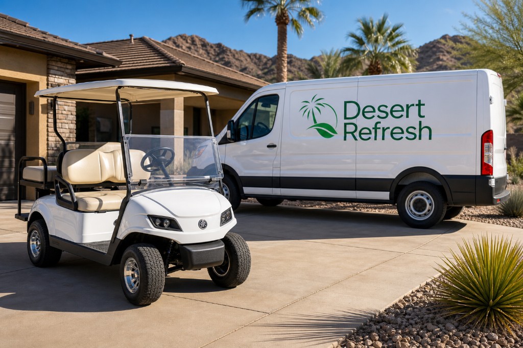 Desert Refresh mobile service van parked beside a clean golf cart in a sunny Mesa, Arizona driveway